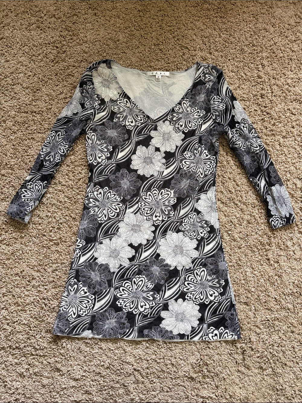 CAbi Black & White Floral V-Neck top